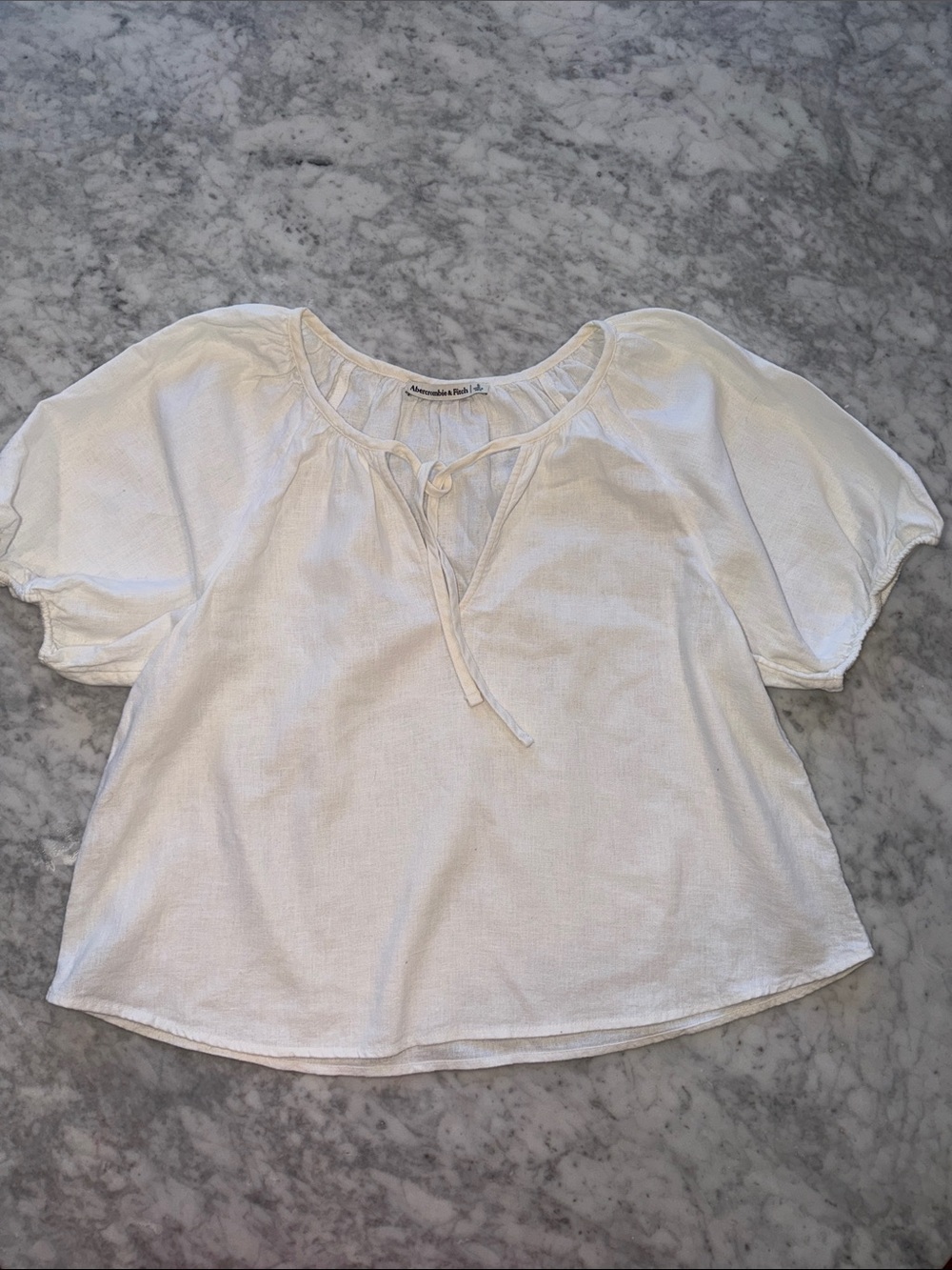 Abercrombie & Fitch Cream Short Puff Sleeve Tie-Neck Blouse